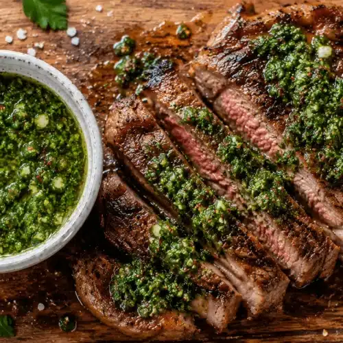 Authentic chimichurri recipe: bright green Argentinian herb sauce spooned over grilled ribeye steak on wooden board