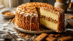 Homemade crunch cake recipe slice with golden toffee crust, white glaze drizzle, and crushed wafer cookie layer inside, served on a rustic wooden table.