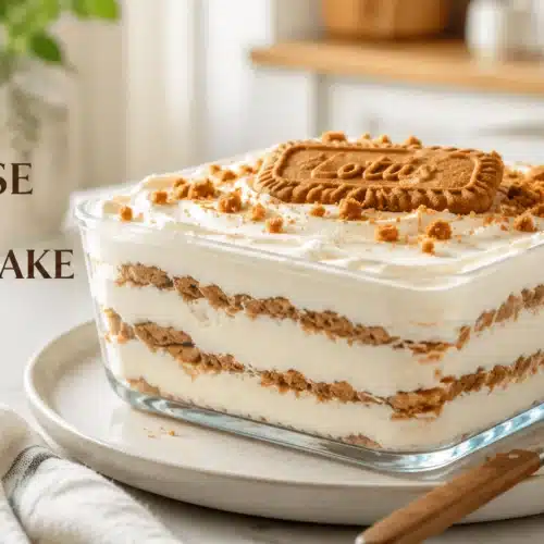 Japanese yogurt cheesecake made with Greek yogurt and Biscoff cookies in a glass container.