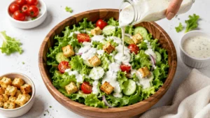 Creamy homemade ranch dressing poured over a fresh green salad with cherry tomatoes, cucumber slices and croutons in a wooden bowl
