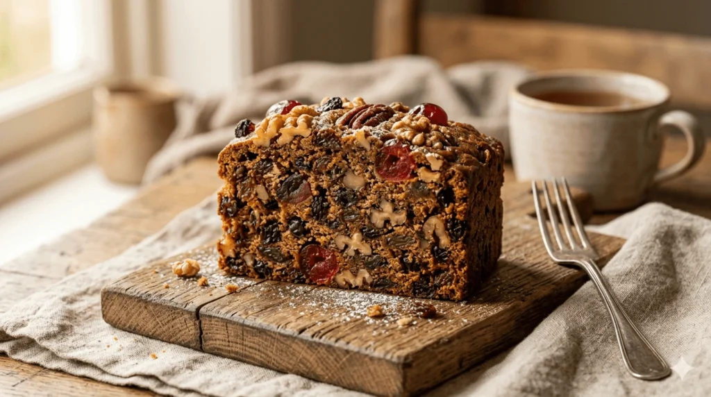 Traditional fruit cake recipe slice showing moist crumb packed with raisins, currants, cherries, and walnuts on a rustic wooden board.