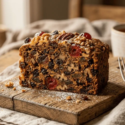 Traditional fruit cake recipe slice showing moist crumb packed with raisins, currants, cherries, and walnuts on a rustic wooden board.