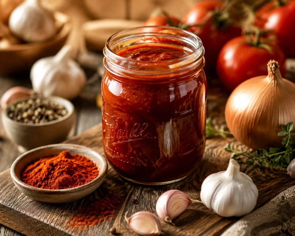 Best easy homemade BBQ sauce recipe from scratch in a glass mason jar with fresh ingredients on a wooden table