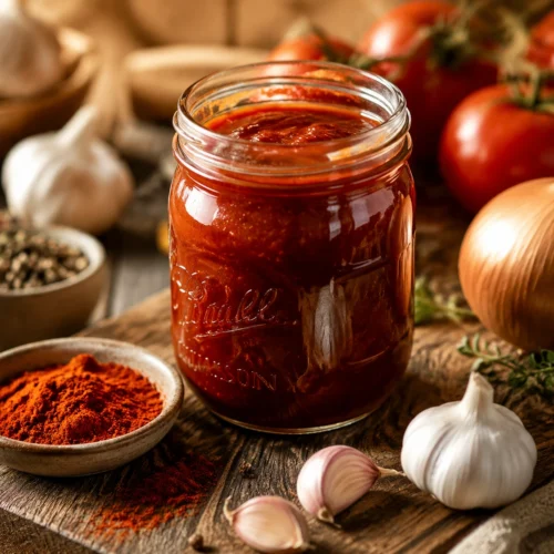 Best easy homemade BBQ sauce recipe from scratch in a glass mason jar with fresh ingredients on a wooden table