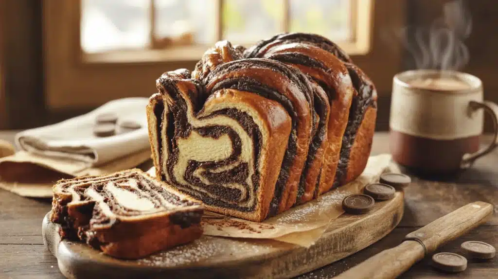 Homemade Chocolate Babka loaf with golden braided crust and rich dark chocolate swirls, sliced to show soft buttery interior