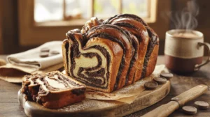 Homemade Chocolate Babka loaf with golden braided crust and rich dark chocolate swirls, sliced to show soft buttery interior