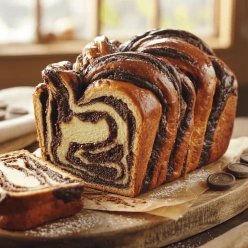 Homemade Chocolate Babka loaf with golden braided crust and rich dark chocolate swirls, sliced to show soft buttery interior