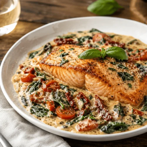 Creamy Tuscan Salmon with pan-seared salmon in a rich Parmesan garlic cream sauce with sun-dried tomatoes, cherry tomatoes, and fresh spinach, garnished with basil