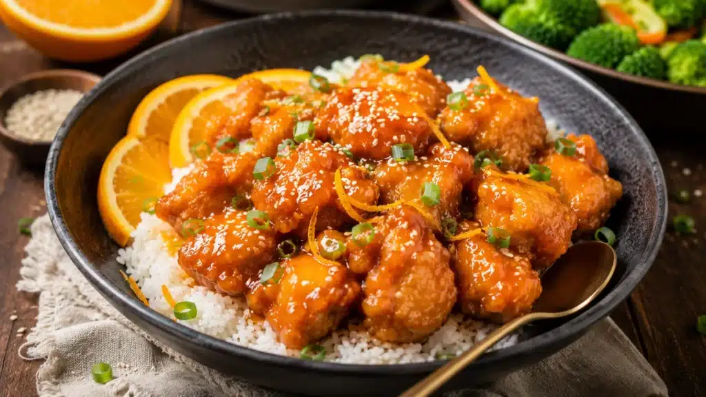 Crispy air fryer orange chicken tossed in glossy orange sauce with rice and sesame seeds