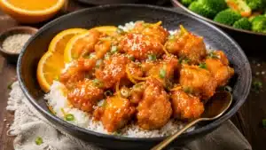 Crispy air fryer orange chicken tossed in glossy orange sauce with rice and sesame seeds