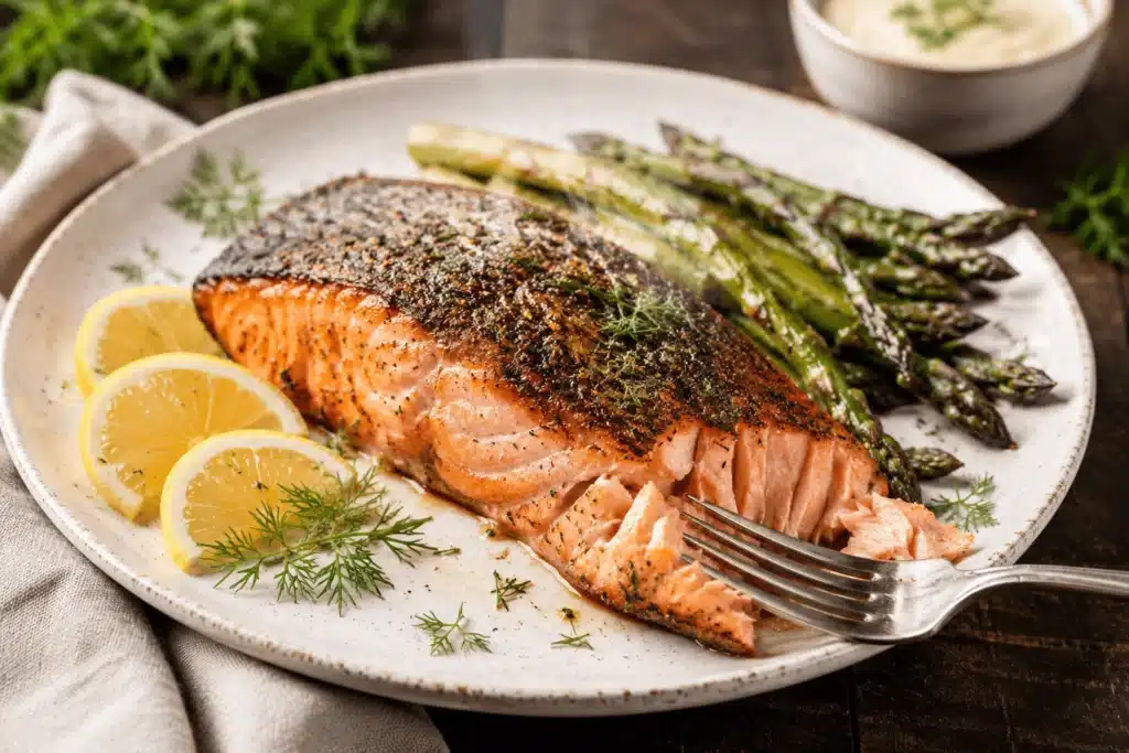 Crispy Air Fryer Salmon with golden crust, flaky tender interior, and fresh lemon wedges on a white plate, garnished with fresh dill