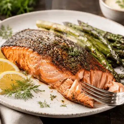 Crispy Air Fryer Salmon with golden crust, flaky tender interior, and fresh lemon wedges on a white plate, garnished with fresh dill