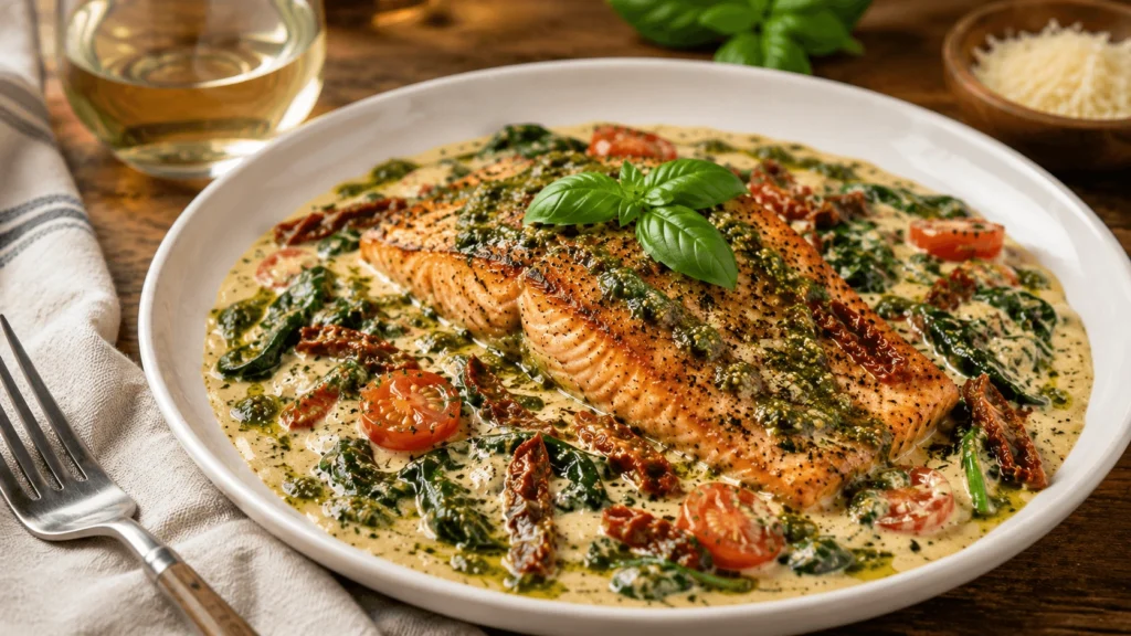 Creamy Tuscan Salmon with Pesto in a rich Parmesan cream sauce with sun-dried tomatoes, cherry tomatoes, and fresh spinach, garnished with basil