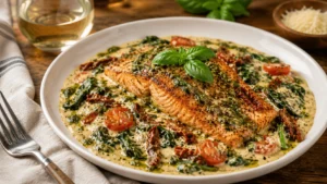 Creamy Tuscan Salmon with Pesto in a rich Parmesan cream sauce with sun-dried tomatoes, cherry tomatoes, and fresh spinach, garnished with basil