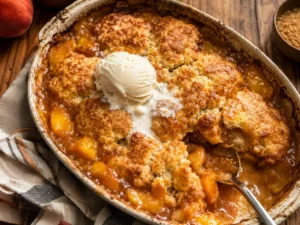 Homemade peach cobbler with golden biscuit topping, bubbling peach filling, and melting vanilla ice cream