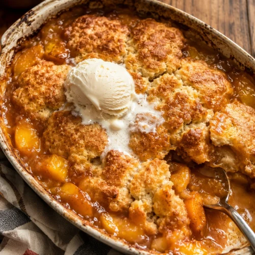Homemade peach cobbler with golden biscuit topping, bubbling peach filling, and melting vanilla ice cream