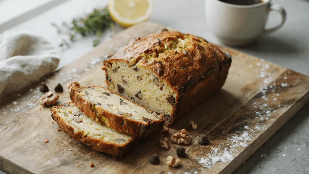 How to make zucchini bread – a freshly baked moist zucchini bread loaf with golden brown crust, sliced on a rustic wooden cutting board, revealing green zucchini flecks, walnuts, and chocolate chips, with a pat of butter melting on a slice