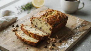 How to make zucchini bread – a freshly baked moist zucchini bread loaf with golden brown crust, sliced on a rustic wooden cutting board, revealing green zucchini flecks, walnuts, and chocolate chips, with a pat of butter melting on a slice