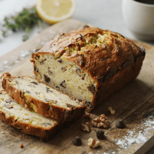 How to make zucchini bread – a freshly baked moist zucchini bread loaf with golden brown crust, sliced on a rustic wooden cutting board, revealing green zucchini flecks, walnuts, and chocolate chips, with a pat of butter melting on a slice