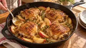Apple cider chicken skillet with four golden chicken thighs, apple wedges, onions and thyme.