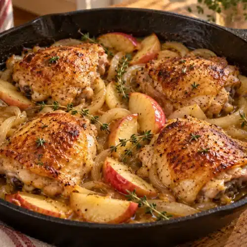 Apple cider chicken skillet with four golden chicken thighs, apple wedges, onions and thyme.