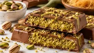 Dubai‑style pistachio chocolate bar with crunchy knafeh and creamy pistachio filling