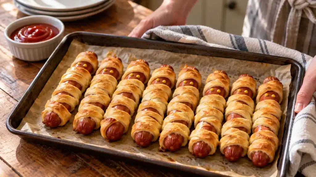 Eight Halloween mummy hot dogs wrapped in golden crescent dough with mustard eyes on a baking tray