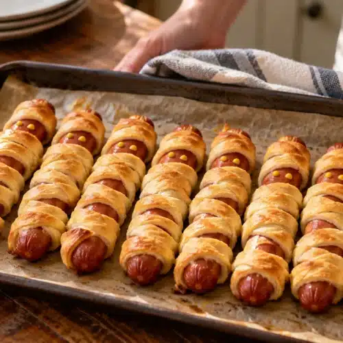 Eight Halloween mummy hot dogs wrapped in golden crescent dough with mustard eyes on a baking tray