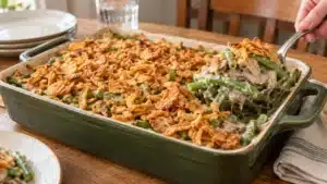 Fresh green bean casserole with mushroom sauce and crispy fried onions in a sage-green baking dish