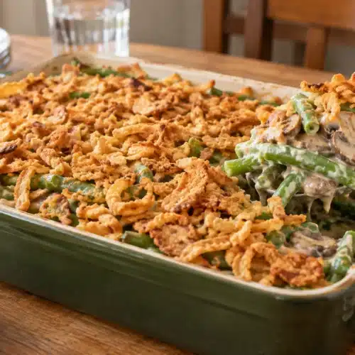 Fresh green bean casserole with mushroom sauce and crispy fried onions in a sage-green baking dish