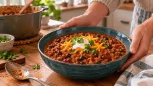 Pumpkin chili with ground beef, black beans and kidney beans in a blue bowl, topped with cheddar and sour cream
