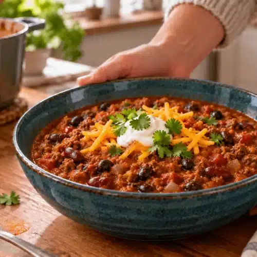 Pumpkin chili with ground beef, black beans and kidney beans in a blue bowl, topped with cheddar and sour cream