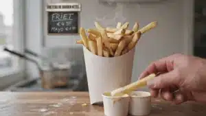 Serving of Belgian fries with mayonnaise in a paper cone or bowl