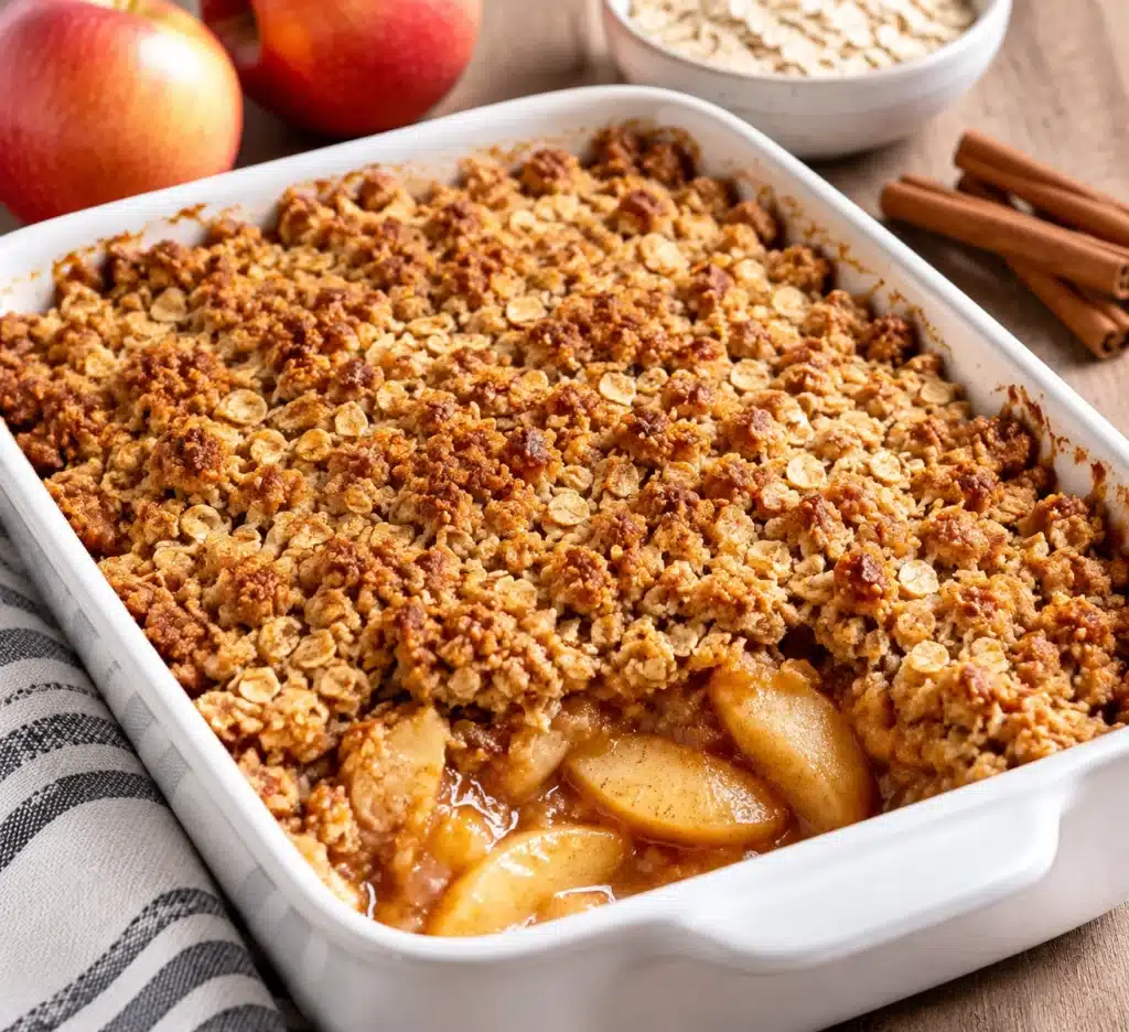 Easy apple crisp in a baking dish with golden oat crumble topping