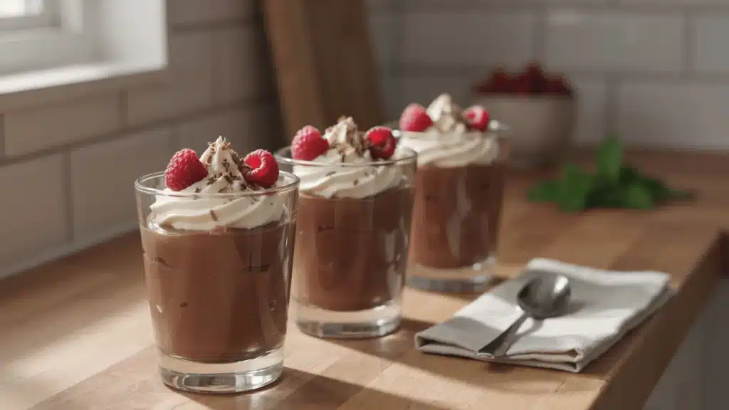 Glasses of easy chocolate mousse on a cozy table with whipped cream and fresh berries