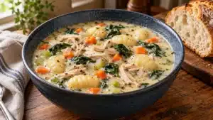 Creamy chicken gnocchi soup with shredded chicken, spinach, carrots, and celery in a navy blue bowl.