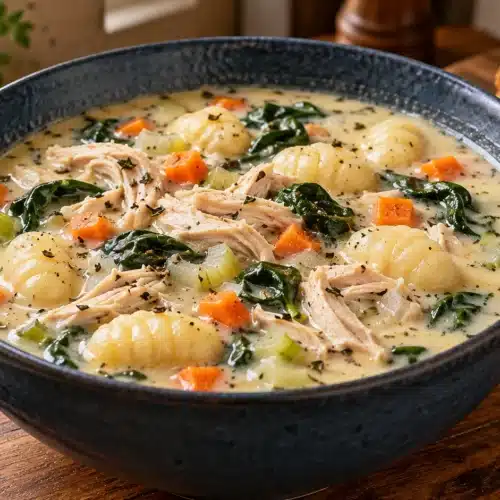 Creamy chicken gnocchi soup with shredded chicken, spinach, carrots, and celery in a navy blue bowl.