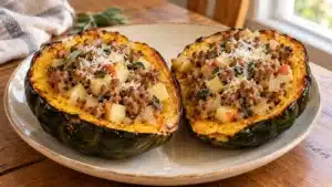 Roasted acorn squash halves filled with sausage, diced apple, onion, and sage, topped with Parmesan on a cream plate.