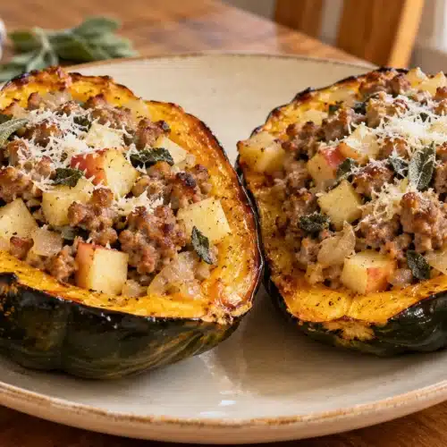 Roasted acorn squash halves filled with sausage, diced apple, onion, and sage, topped with Parmesan on a cream plate.