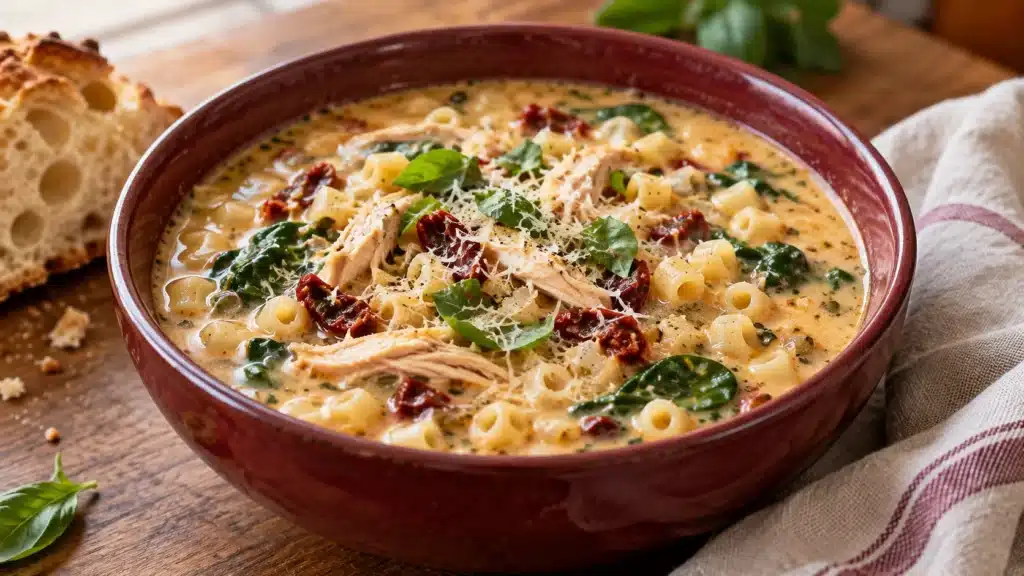 Marry me chicken soup with shredded chicken, ditalini pasta, sun-dried tomatoes, spinach, and Parmesan in a burgundy bowl.