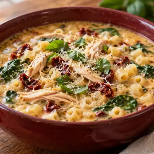 Marry me chicken soup with shredded chicken, ditalini pasta, sun-dried tomatoes, spinach, and Parmesan in a burgundy bowl.
