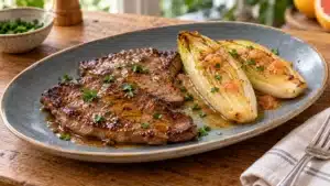 Pan fried calf liver with honey sauce and braised Belgian endive on a blue ceramic plate