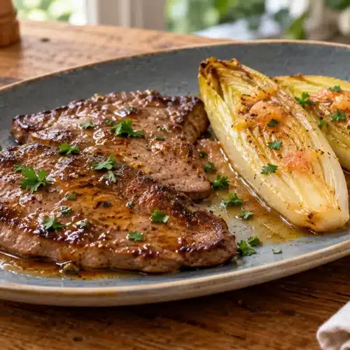 Pan fried calf liver with honey sauce and braised Belgian endive on a blue ceramic plate