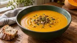 Roasted butternut squash soup with apple, topped with pumpkin seeds and thyme in a green ceramic bowl.