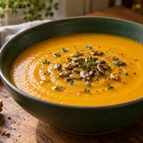 Roasted butternut squash soup with apple, topped with pumpkin seeds and thyme in a green ceramic bowl.